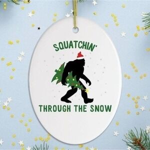 Sasquatch Bigfoot Squatchin' Through the Snow Ceramic Christmas Ornament Funny